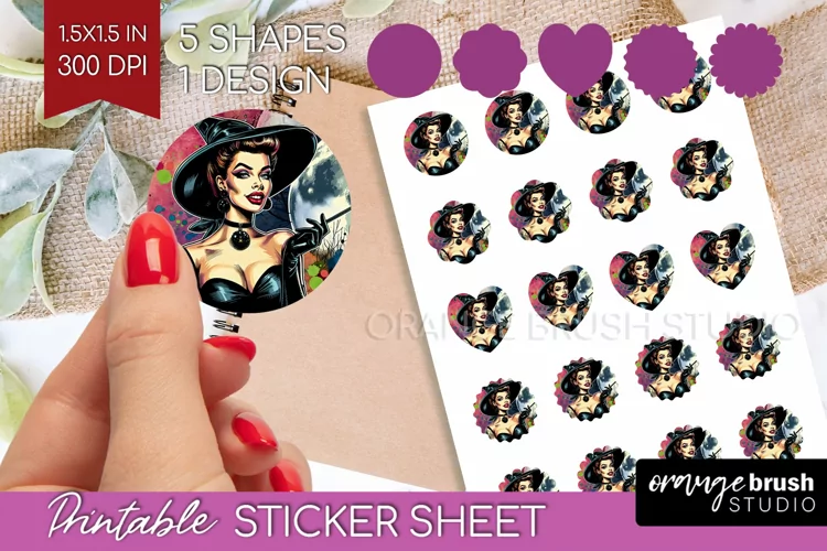 Witch Round Sticker - Retro Halloween Printable Sticker