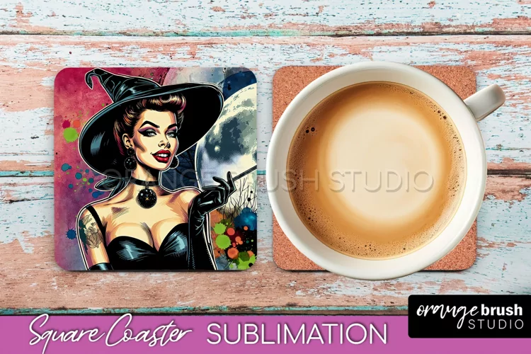Halloween Witch Square Coaster, Retro Coaster Sublimation