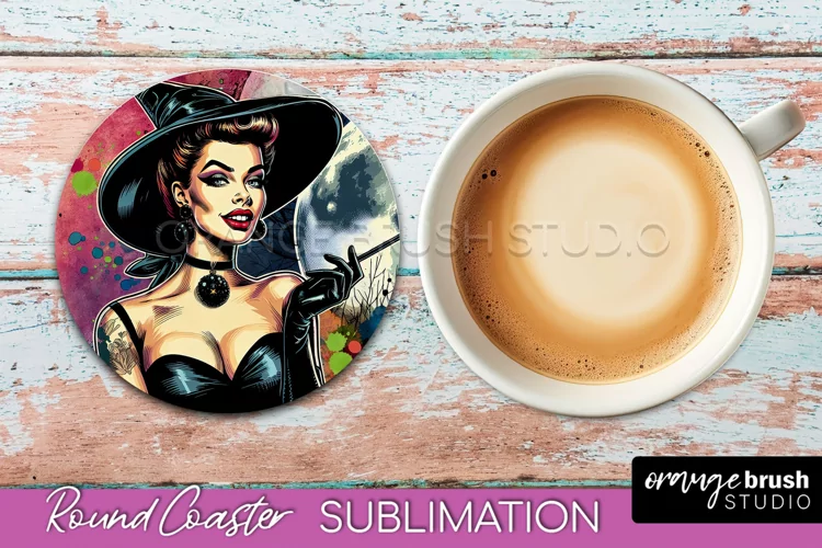 Halloween Witch Round Coaster, Retro Coaster Sublimation PNG