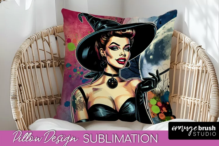 Halloween Witch Pillow Cover - Retro Pillow Sublimation PNG