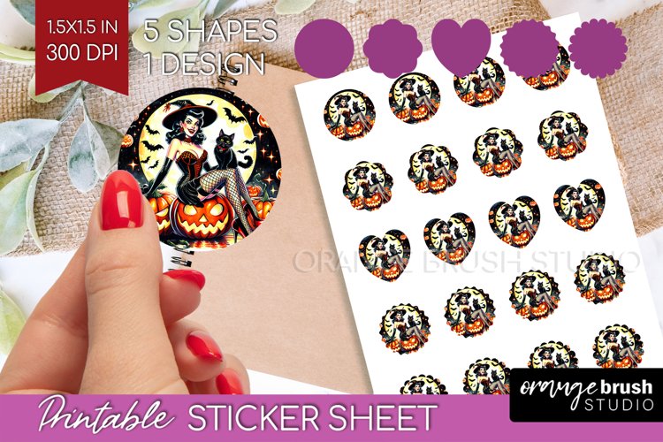 Witch Round Sticker - Retro Halloween Printable Sticker