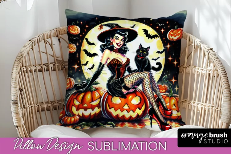 Halloween Witch Pillow Cover - Retro Pillow Sublimation PNG