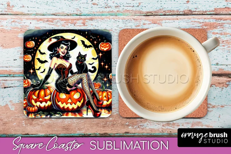 Halloween Witch Square Coaster, Retro Coaster Sublimation