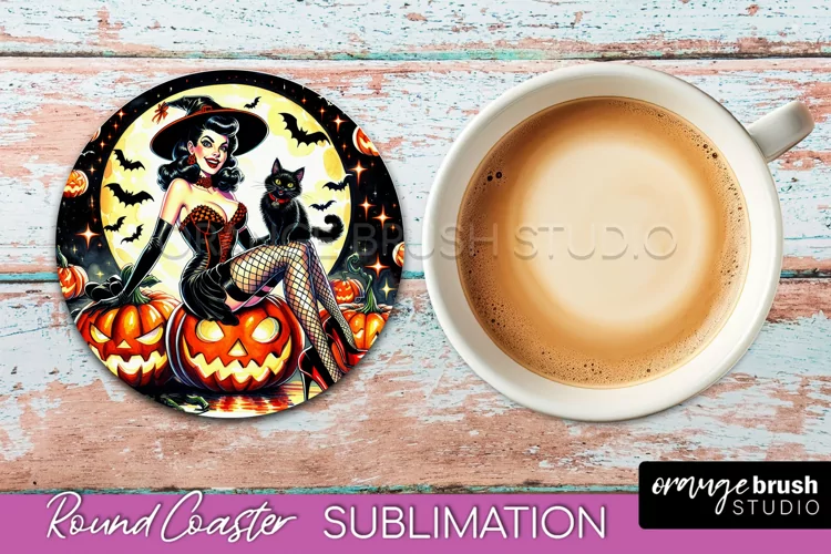 Halloween Witch Round Coaster, Retro Coaster Sublimation PNG