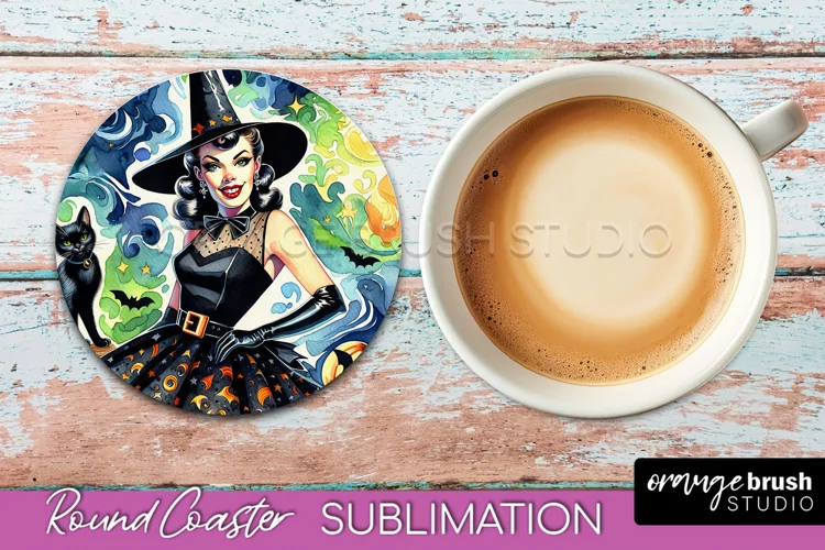 Halloween Witch Round Coaster, Retro Coaster Sublimation PNG
