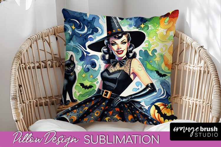 Halloween Witch Pillow Cover - Retro Pillow Sublimation PNG
