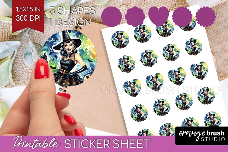 Witch Round Sticker - Retro Halloween Printable Sticker