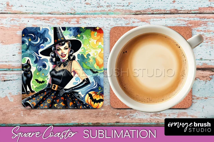Halloween Witch Square Coaster, Retro Coaster Sublimation