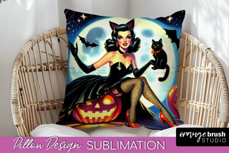 Halloween Witch Pillow Cover - Retro Pillow Sublimation PNG