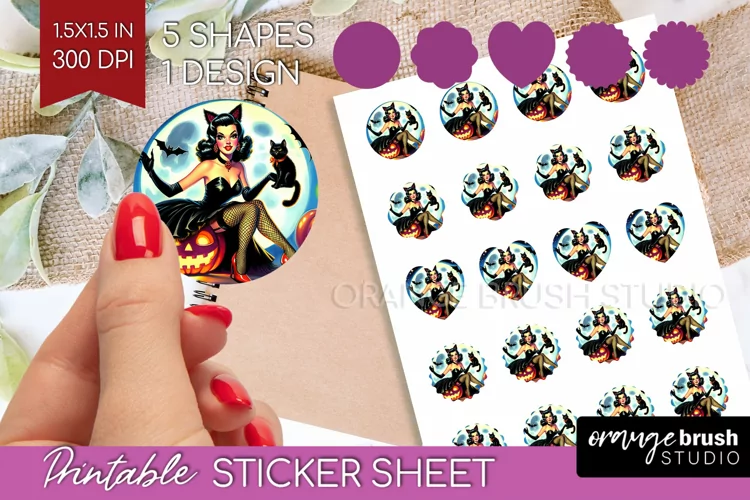 Witch Round Sticker - Retro Halloween Printable Sticker
