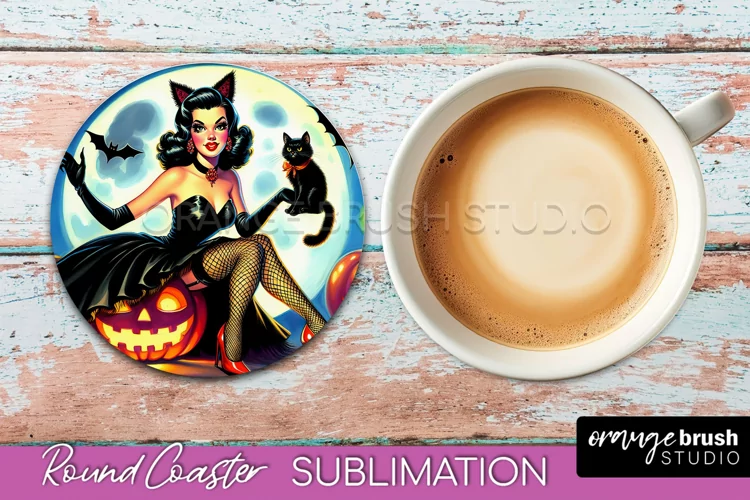Halloween Witch Round Coaster, Retro Coaster Sublimation PNG
