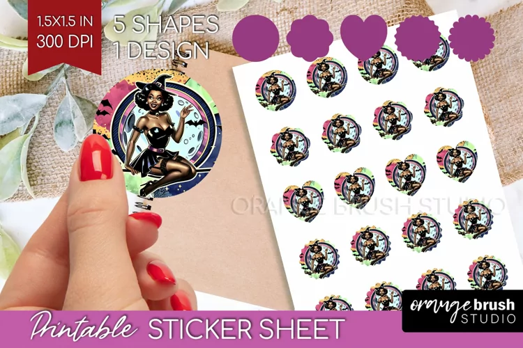 Witch Round Sticker - Retro Halloween Printable Sticker