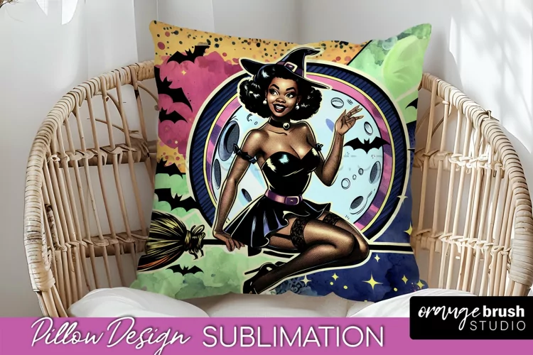 Halloween Witch Pillow Cover - Retro Pillow Sublimation PNG