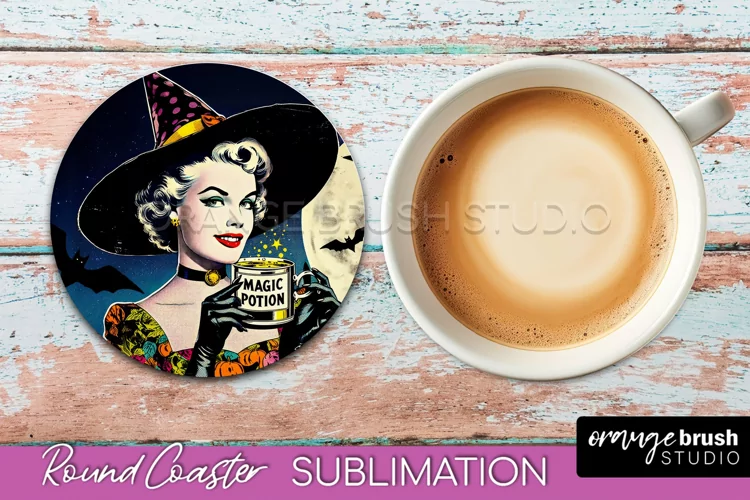 Halloween Witch Round Coaster, Retro Coaster Sublimation PNG