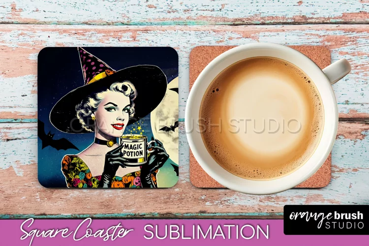 Halloween Witch Square Coaster, Retro Coaster Sublimation