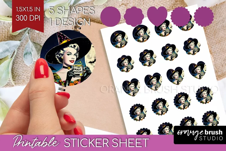 Witch Round Sticker - Retro Halloween Printable Sticker