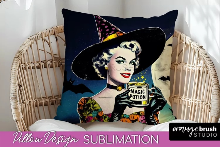 Halloween Witch Pillow Cover - Retro Pillow Sublimation PNG