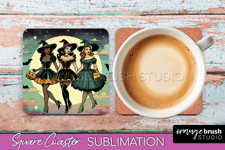Halloween Witch Square Coaster, Retro Coaster Sublimation example image 1