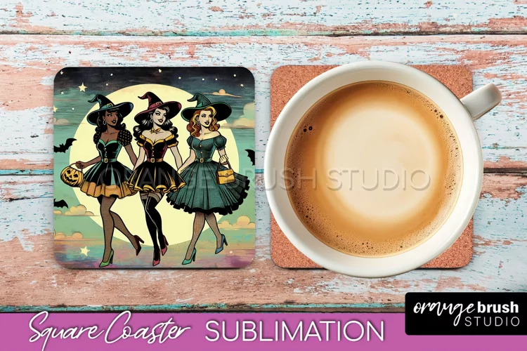 Halloween Witch Square Coaster, Retro Coaster Sublimation
