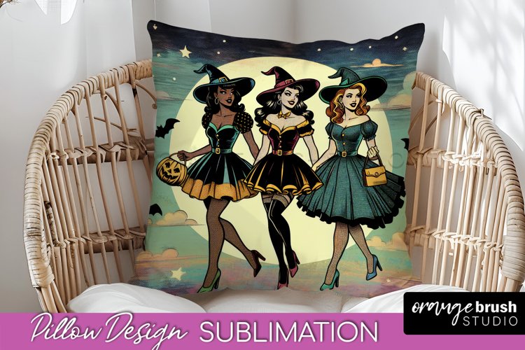 Halloween Witch Pillow Cover - Retro Pillow Sublimation PNG example image 1