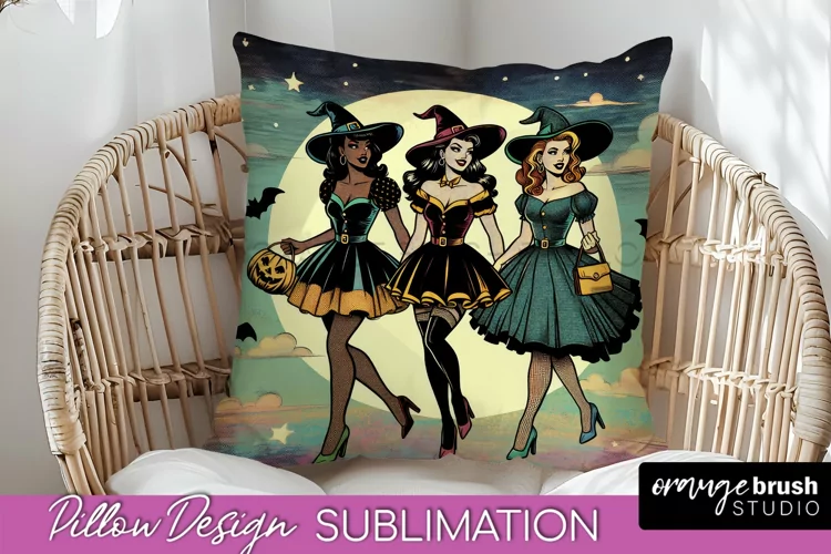 Halloween Witch Pillow Cover - Retro Pillow Sublimation PNG