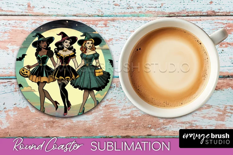 Halloween Witch Round Coaster, Retro Coaster Sublimation PNG