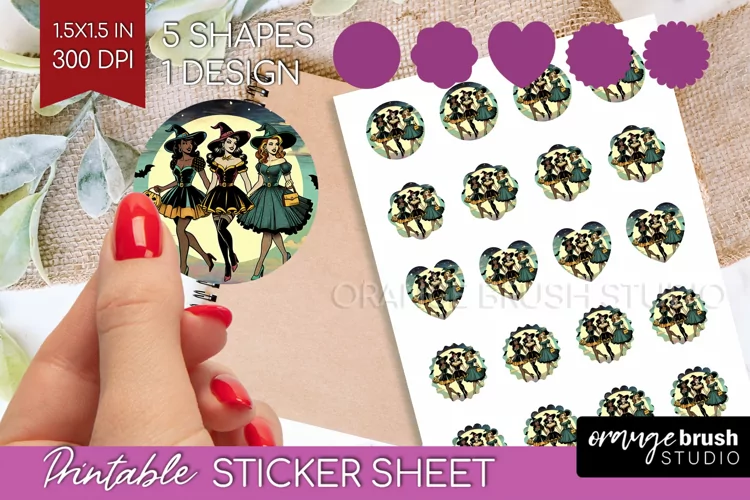 Witch Round Sticker - Retro Halloween Printable Sticker