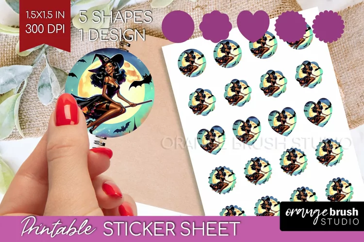 Witch Round Sticker - Retro Halloween Printable Sticker