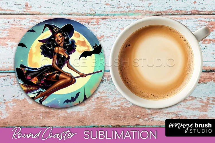 Halloween Witch Round Coaster, Retro Coaster Sublimation PNG