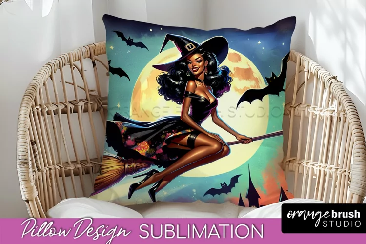 Halloween Witch Pillow Cover - Retro Pillow Sublimation PNG