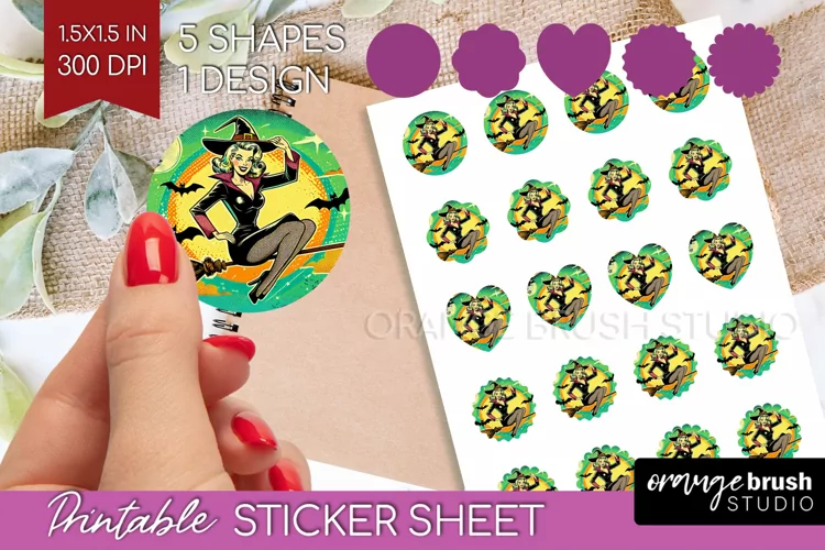 Witch Round Sticker - Retro Halloween Printable Sticker
