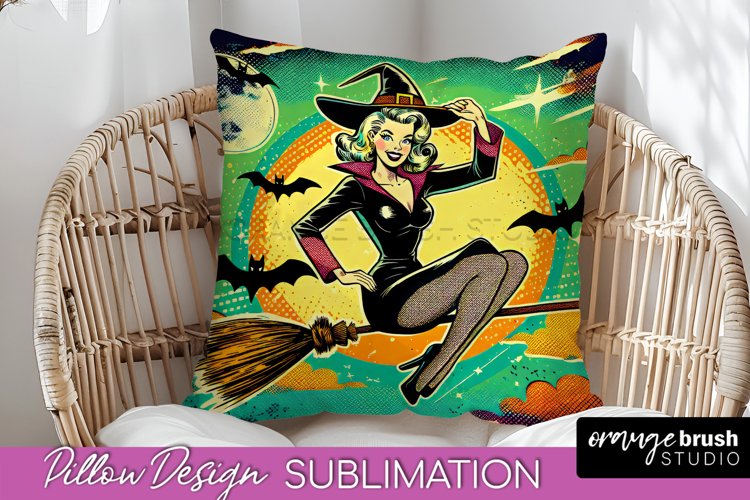 Halloween Witch Pillow Cover - Retro Pillow Sublimation PNG example image 1