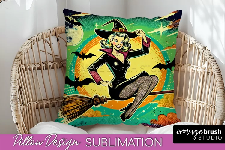Halloween Witch Pillow Cover - Retro Pillow Sublimation PNG