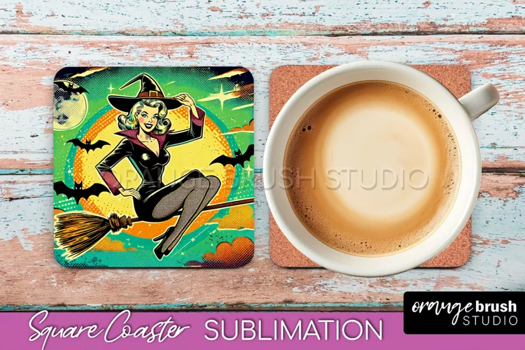 Halloween Witch Square Coaster, Retro Coaster Sublimation