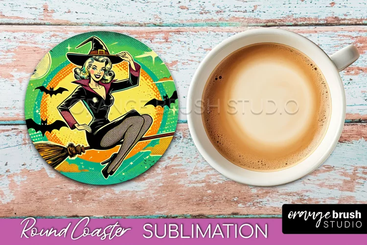 Halloween Witch Round Coaster, Retro Coaster Sublimation PNG