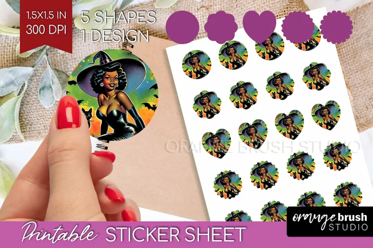 Witch Round Sticker - Retro Halloween Printable Sticker