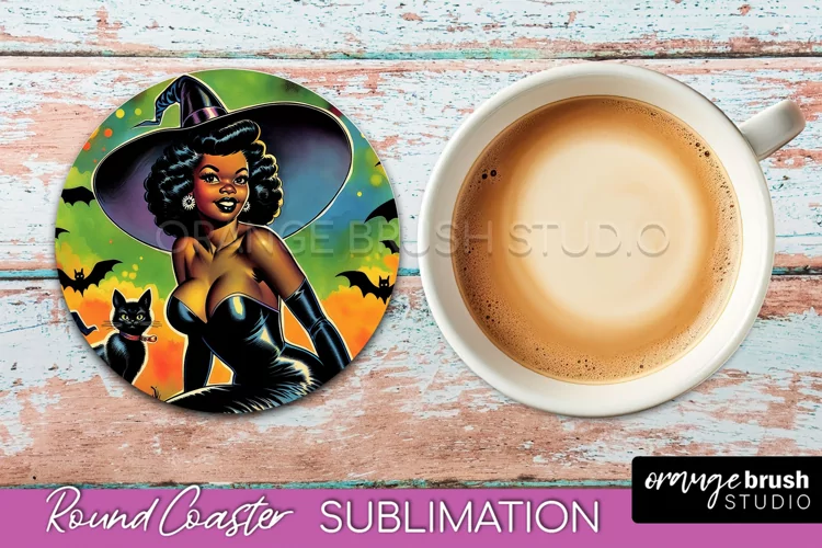 Halloween Witch Round Coaster, Retro Coaster Sublimation PNG
