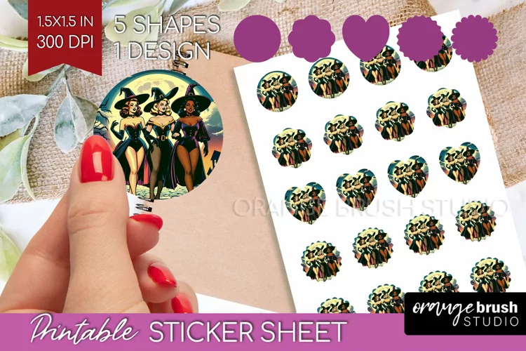 Witch Round Sticker - Retro Halloween Printable Sticker