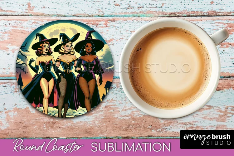 Halloween Witch Round Coaster, Retro Coaster Sublimation PNG