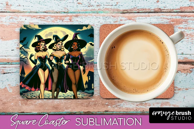 Halloween Witch Square Coaster, Retro Coaster Sublimation