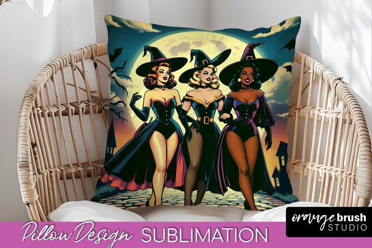 Halloween Witch Pillow Cover - Retro Pillow Sublimation PNG example image 1