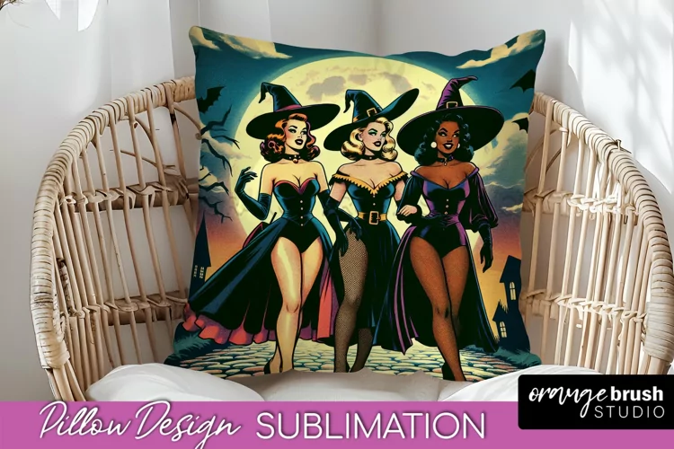 Halloween Witch Pillow Cover - Retro Pillow Sublimation PNG
