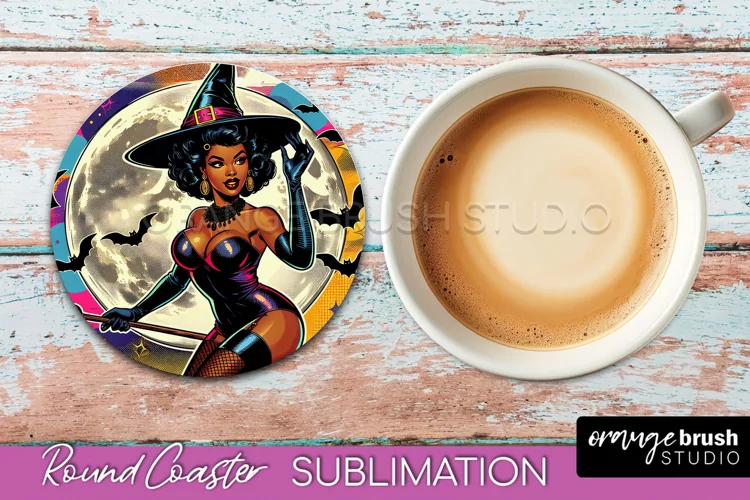 Halloween Witch Round Coaster, Retro Coaster Sublimation PNG