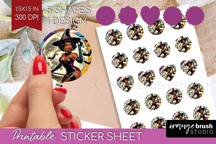 Witch Round Sticker - Retro Halloween Printable Sticker