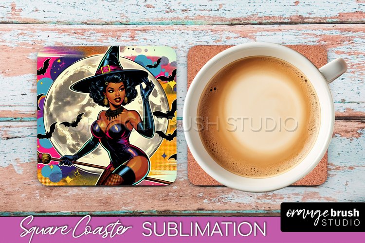 Halloween Witch Square Coaster, Retro Coaster Sublimation example image 1