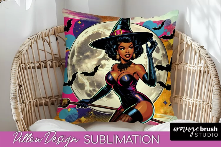 Halloween Witch Pillow Cover - Retro Pillow Sublimation PNG