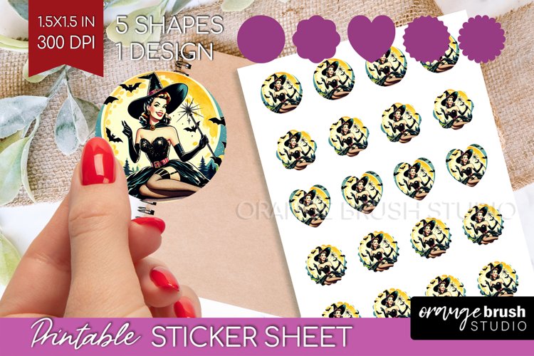 Witch Round Sticker - Retro Halloween Printable Sticker