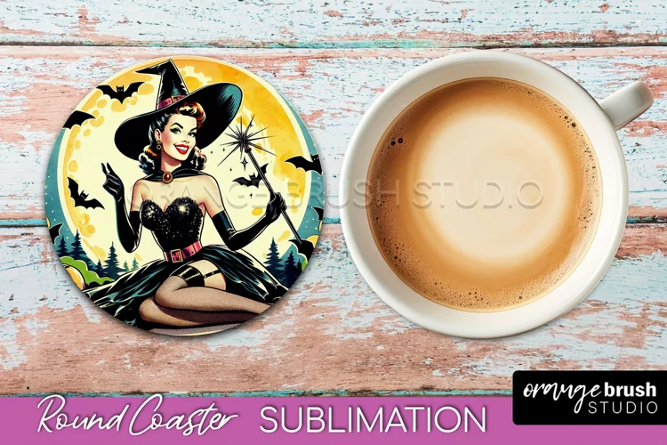 Halloween Witch Round Coaster, Retro Coaster Sublimation PNG