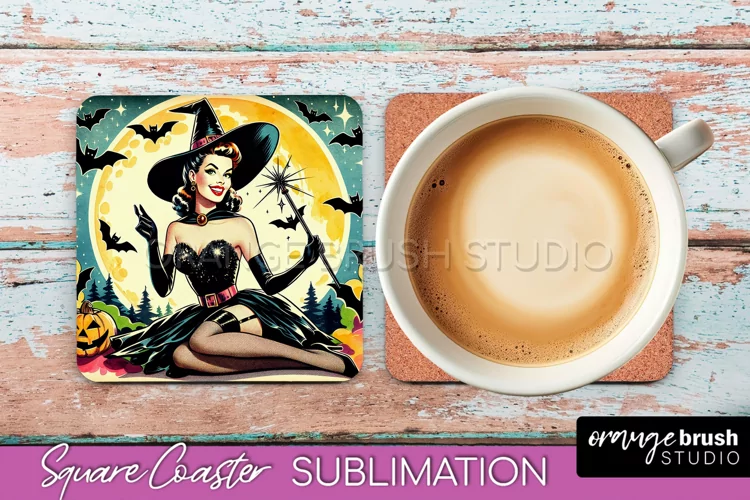 Halloween Witch Square Coaster, Retro Coaster Sublimation