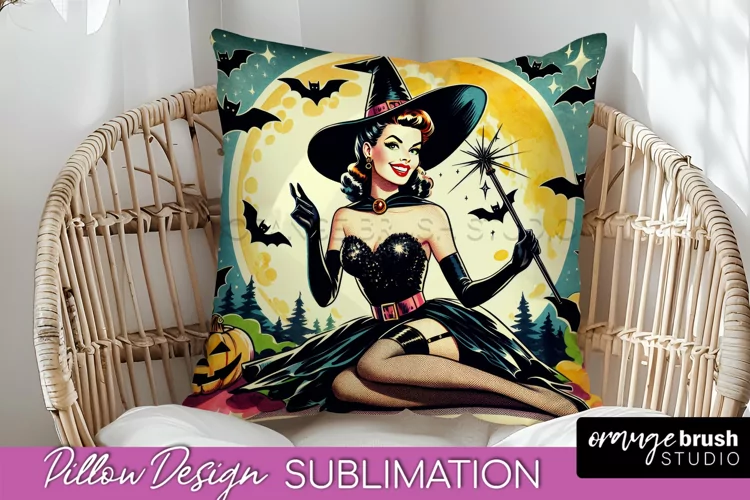 Halloween Witch Pillow Cover - Retro Pillow Sublimation PNG